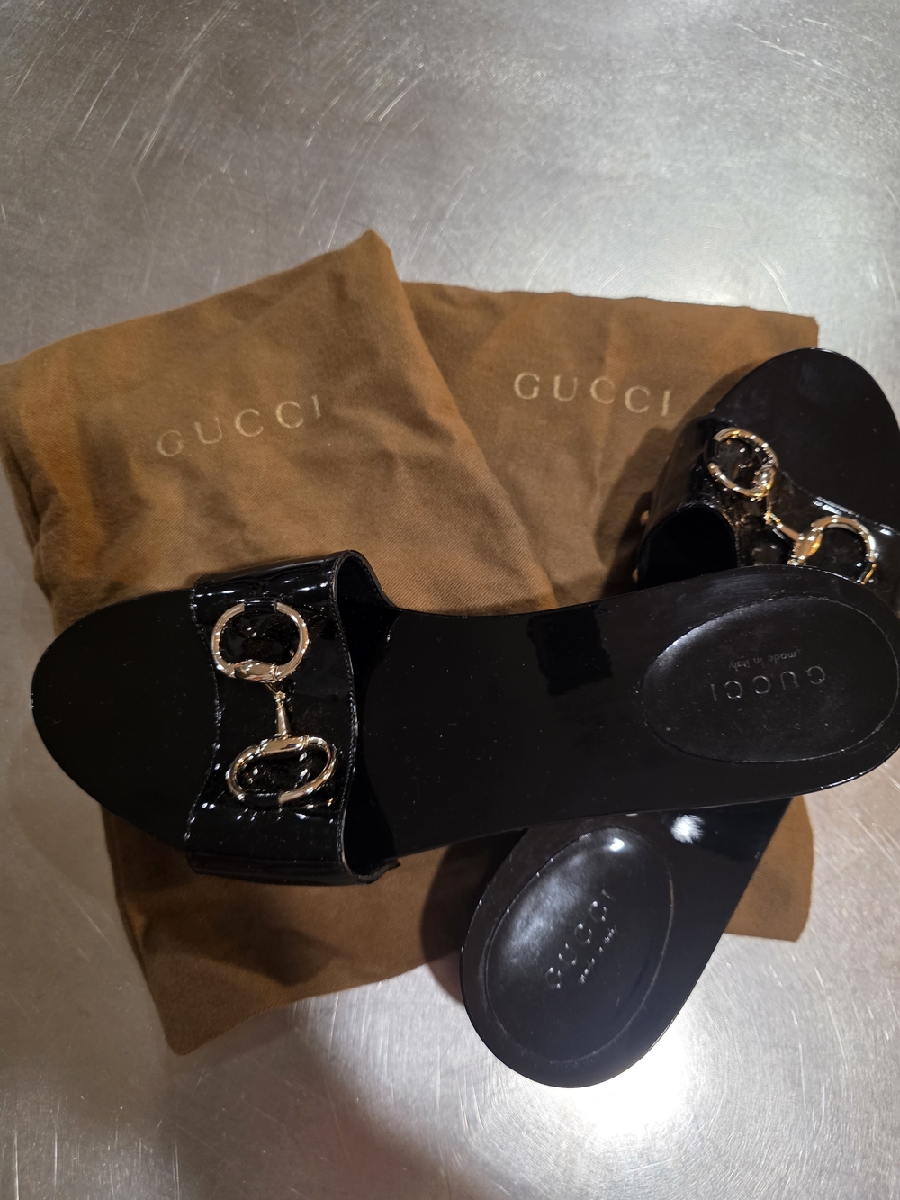 Gucci Black Patent Leather Horsebit Slide Sandals
